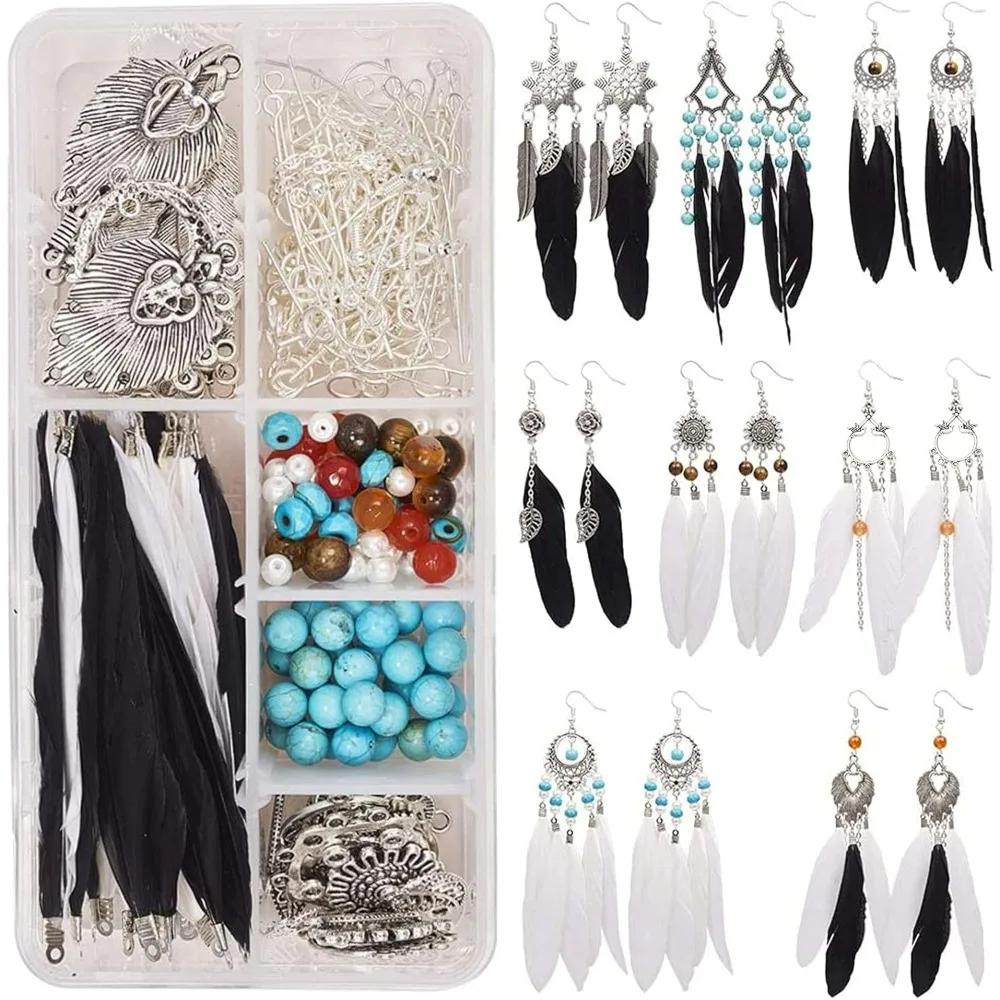 

DIY 8 Pairs Bohemia Black White Long Feathers Dangle Hook Earring Making Kit with Instruction Jewelry Findings making kit