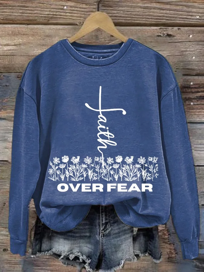 Faith Over Fear Slogan Women Sweatshirt Vintage Cartoon Cross Flowers Print Female Sweater Hot Sale Fashion Easter Girl Tops