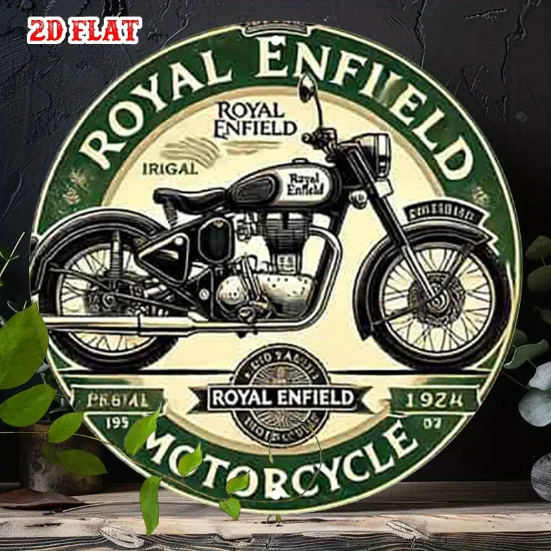 2D Flat, 1pc Vintage Royal Enfield Motorcycle Metal Tin Sign - 7.87x7.87 Round Aluminum Wall Decor with Classic Design, Heritage