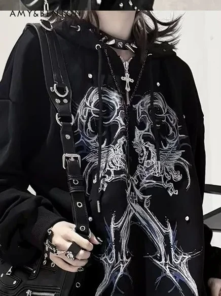 

Original Printing Tie-dye Subculture Long Rivet Dark Hooded Sweater Women Mine Series Gothic Harajuku Style Oversized Hoodies