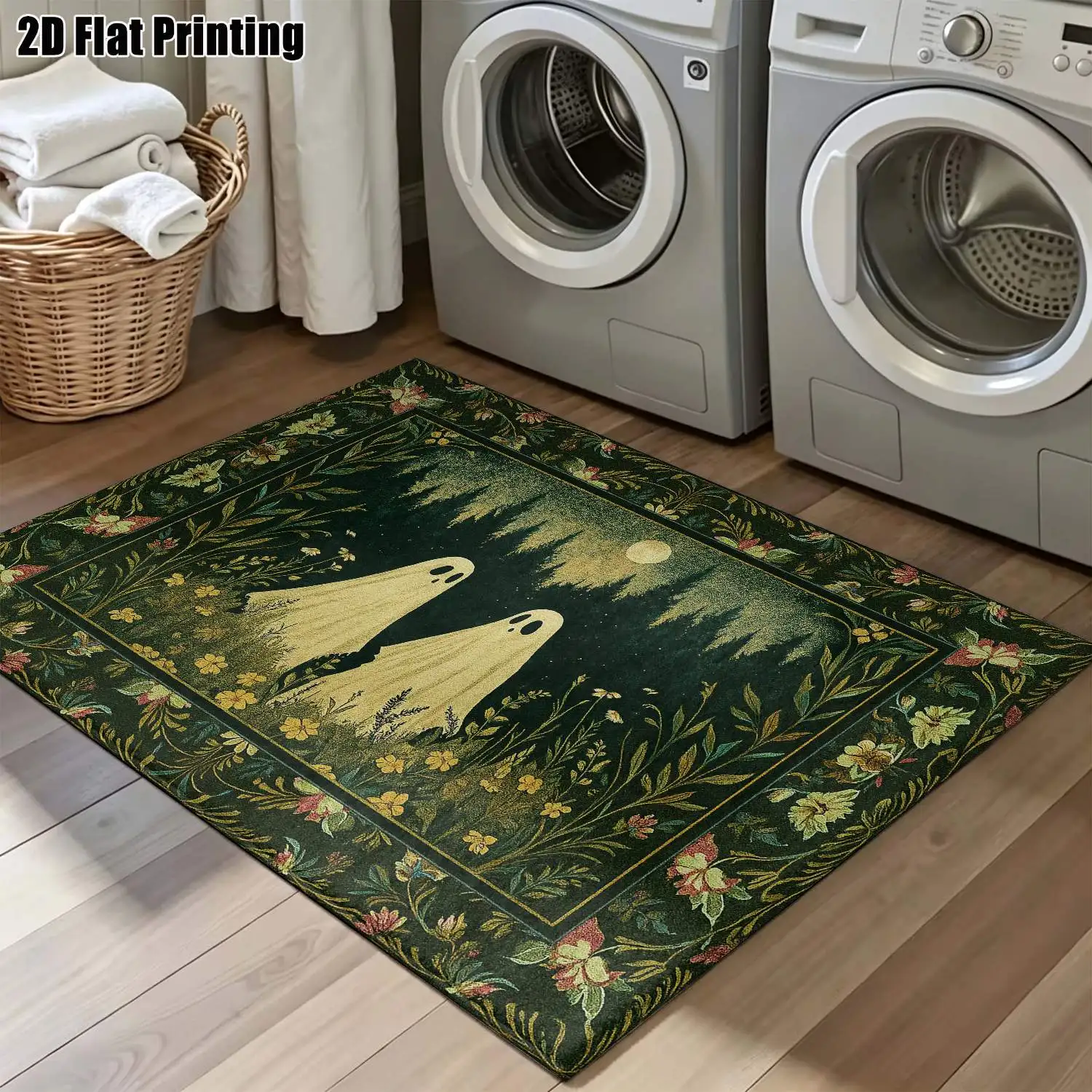 1Pc 2D Printed Carpet: Dark Green Base with Ghost Flower Patterns European/Retro/Bohemian/Nordic Style, Home Decor, Multi-Size, Machine Washable, for Living Room, Bedroom, Dining Room, Entryway, Study.