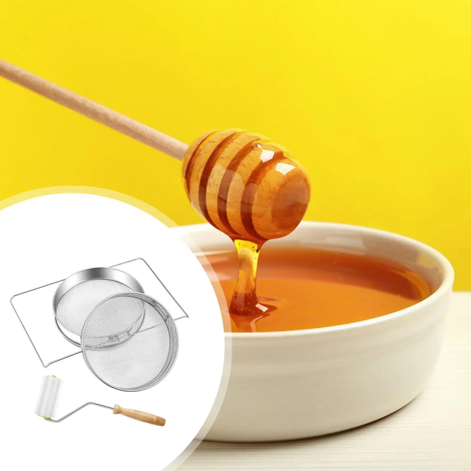 Durable Stainless Steel Honey Strainer Kit Double Sieve Mesh Uncapping Needle Roller for Beekeeping Honey Extraction