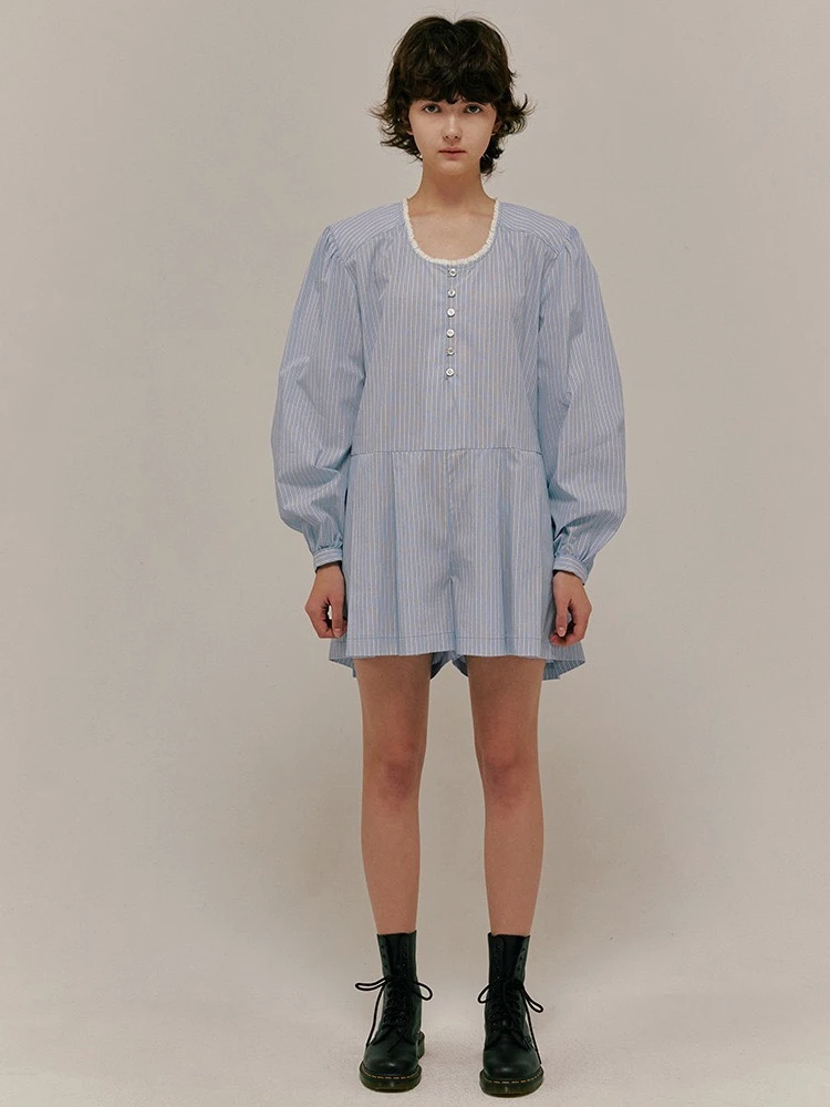 

Summer New round Ne Button Striped Casual Versatile Long Sve Rer Overalls Women's Cotton Blend Casual Dr