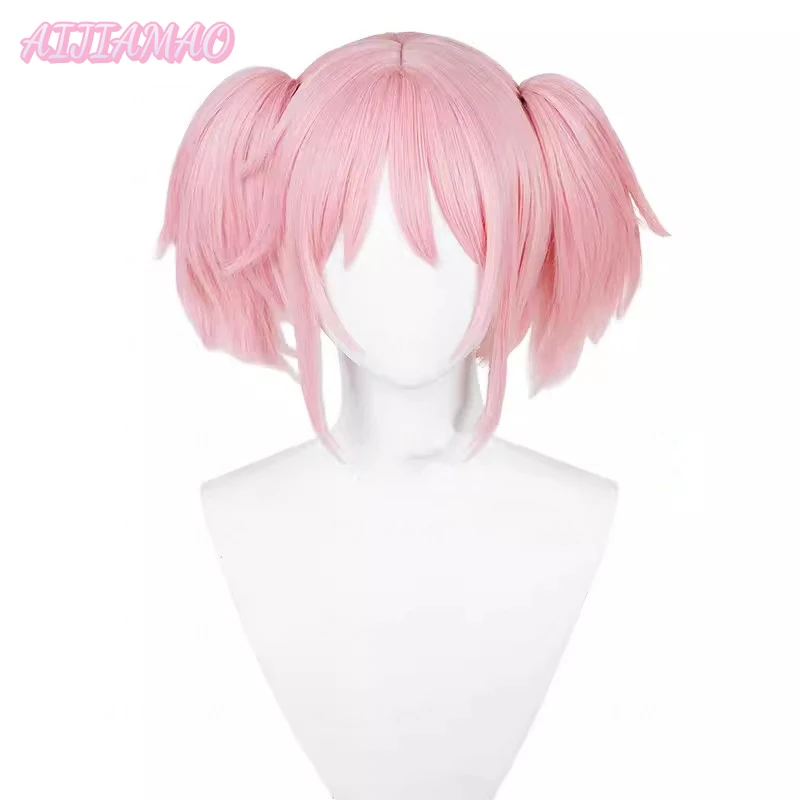 Magical Girl-Peluca de Cosplay Kaname Madoka, pelo sintético resistente al calor, corto, rosa con Clip, doble cola de caballo, 30cm