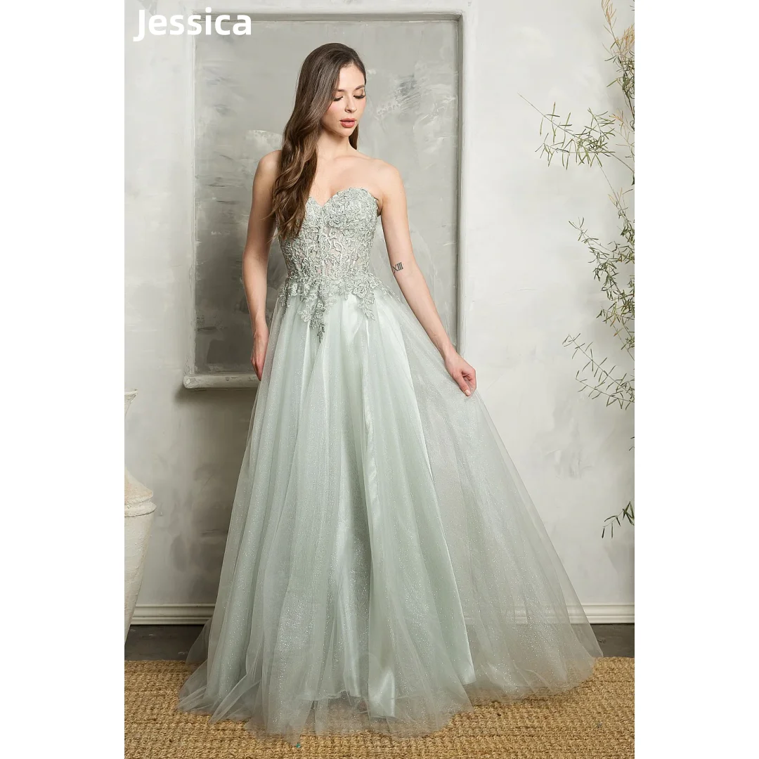 Jessica Light Green Embroidery Appliqué Prom Dresses Tulle Evening Dresses Wedding Dress Formal Party Dresses Vestidos De Noche