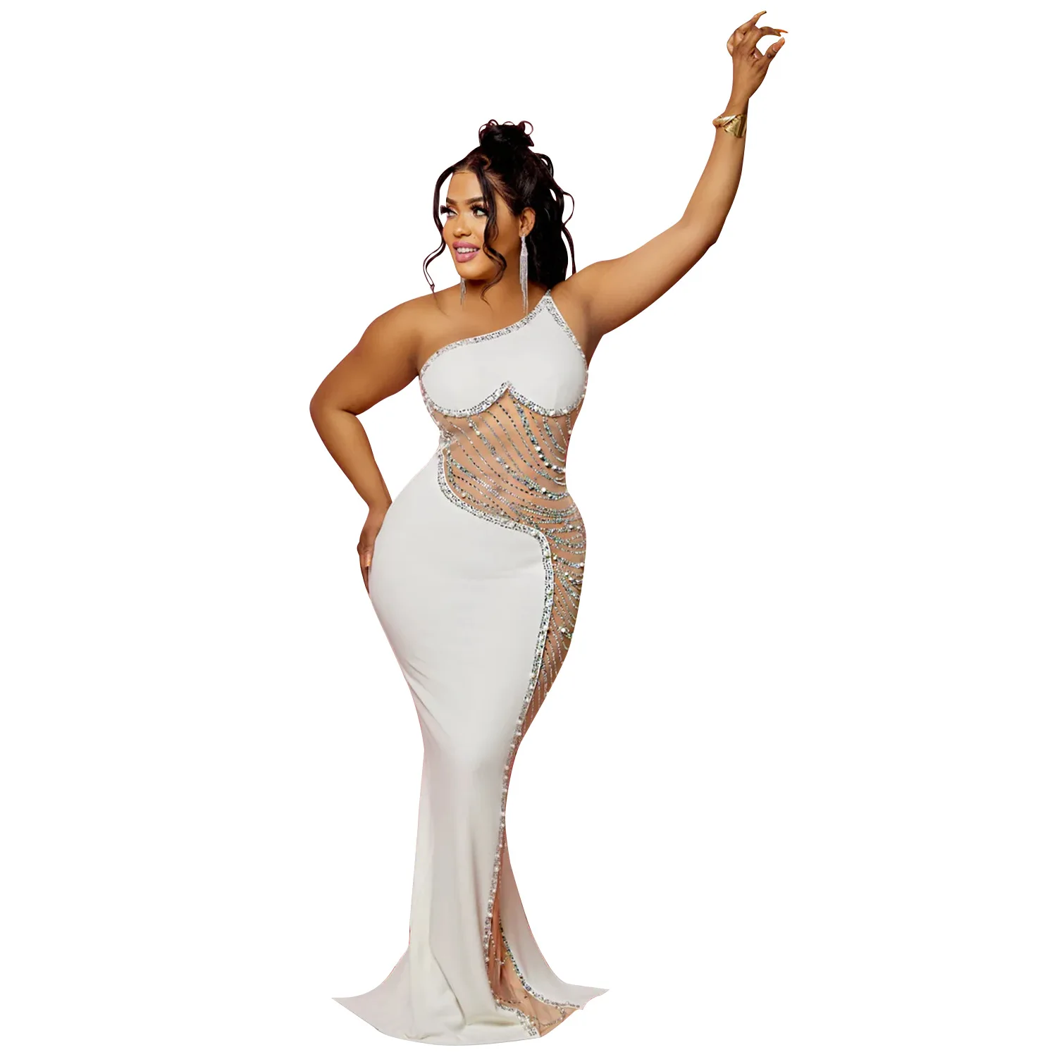 

Women Sexy One Shoulder Mesh Rhinestone Backless Zipper Party Dress