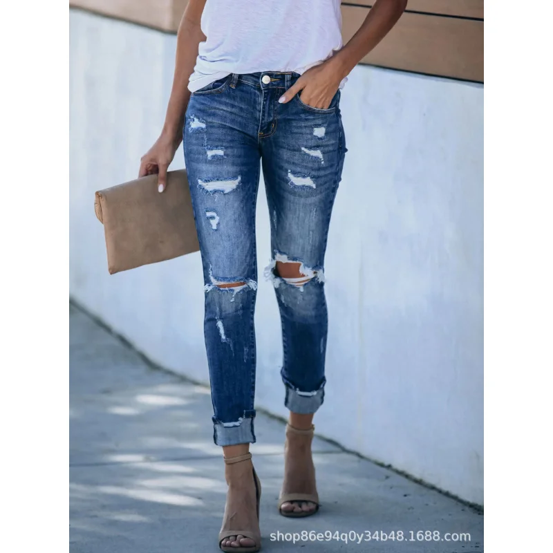 

Cross-Border European and American Dark Blue Hole Denim Skinny Pants All-Matching Stretch Pencil PantsTEMUAmazonSHEINSpot Goods