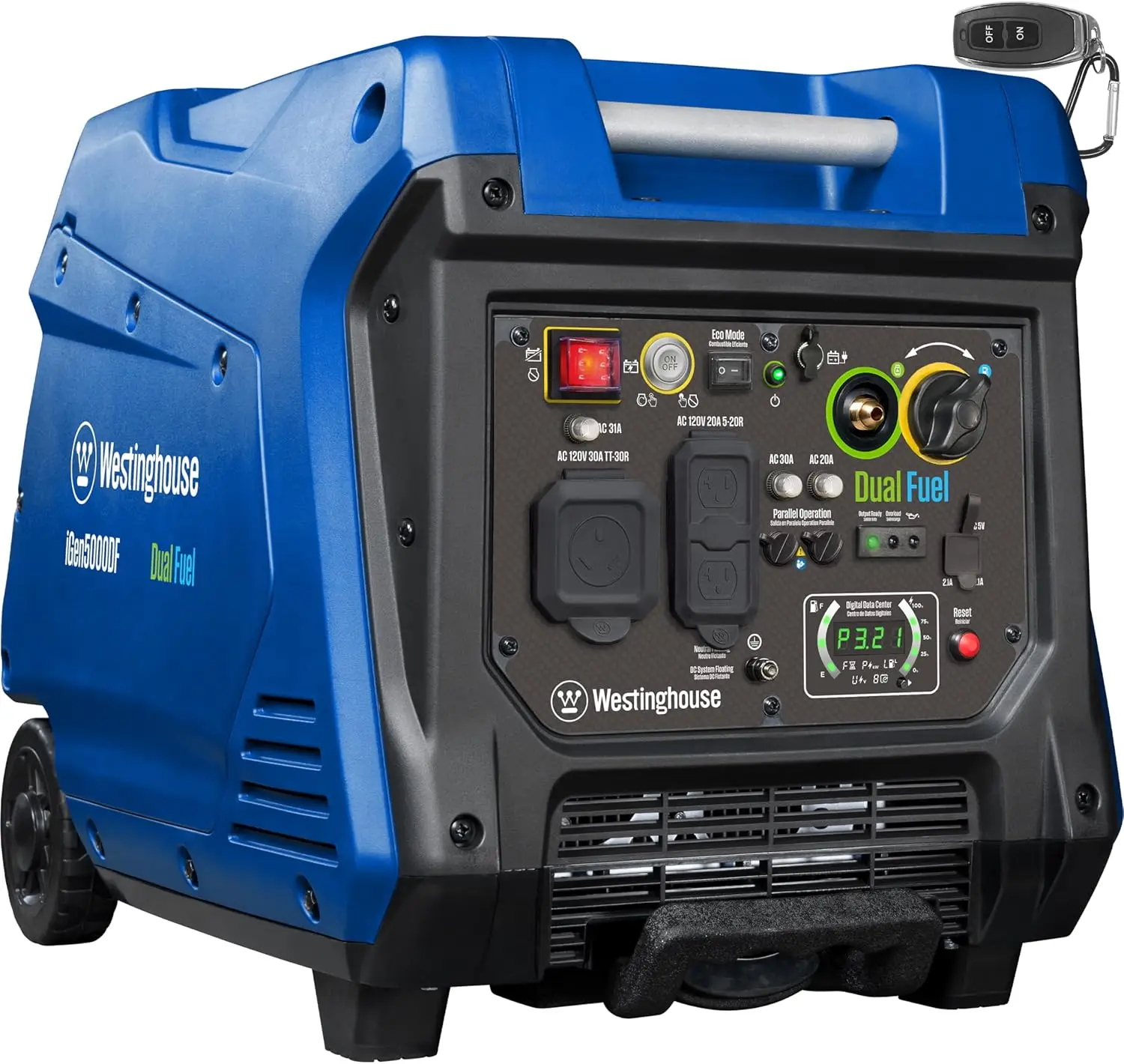 

5000 Peak Watt Super Quiet Dual Fuel Portable Inverter Generator, Remote Electric Start, Gas & Propane Powered, RV Ready 30A