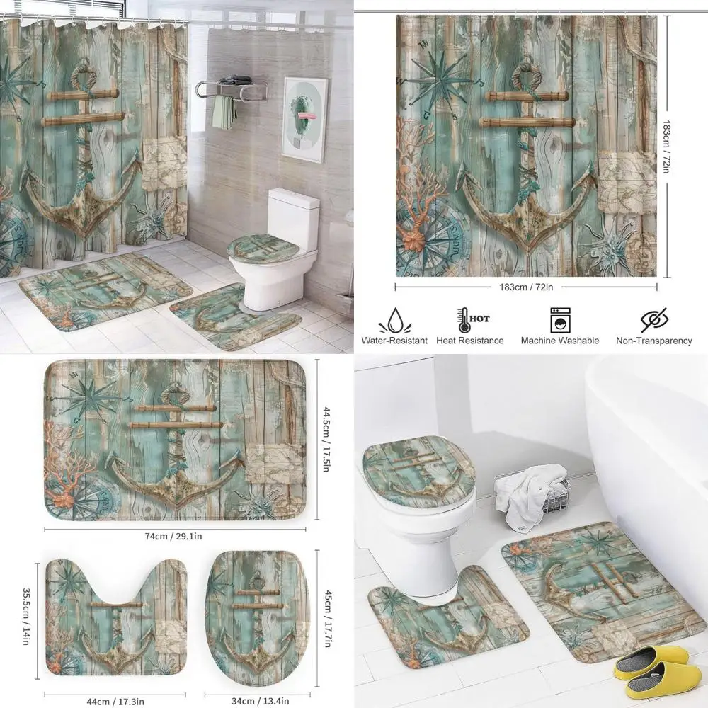 

nautical-themed shower curtain set with compass and wooden board design, plus u-shaped mat and toilet lid cover