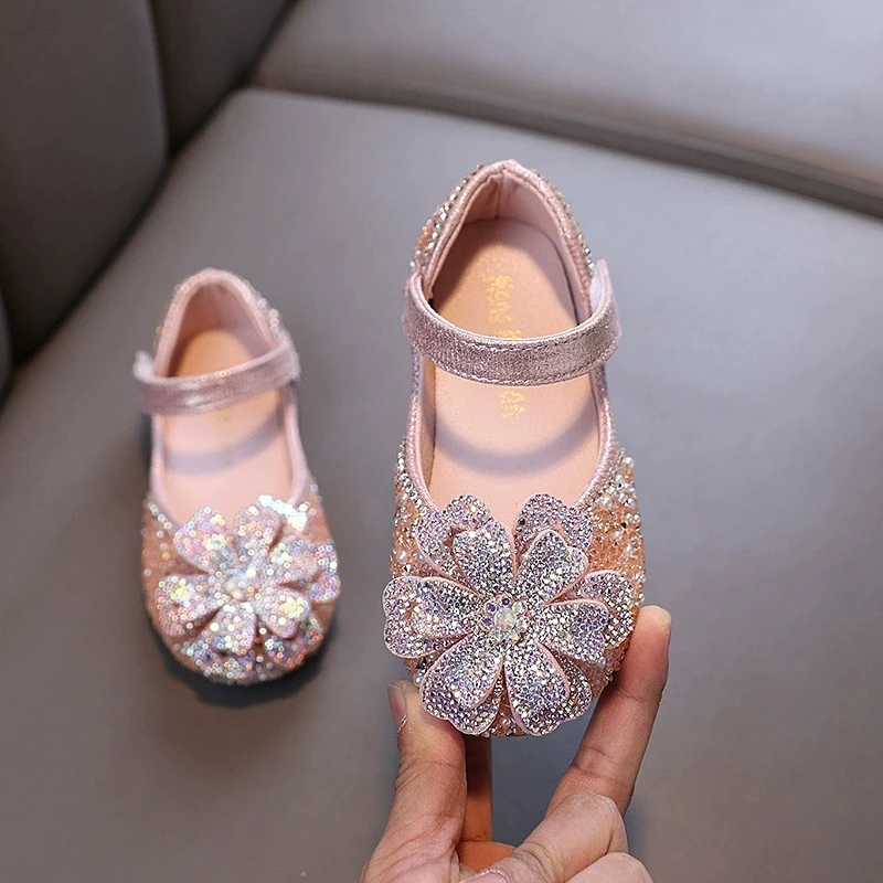 

Spring Girls Shiny Rhinestone Bow Shoes New Fashion Children's Leather Shoes Performance Princess Shoes