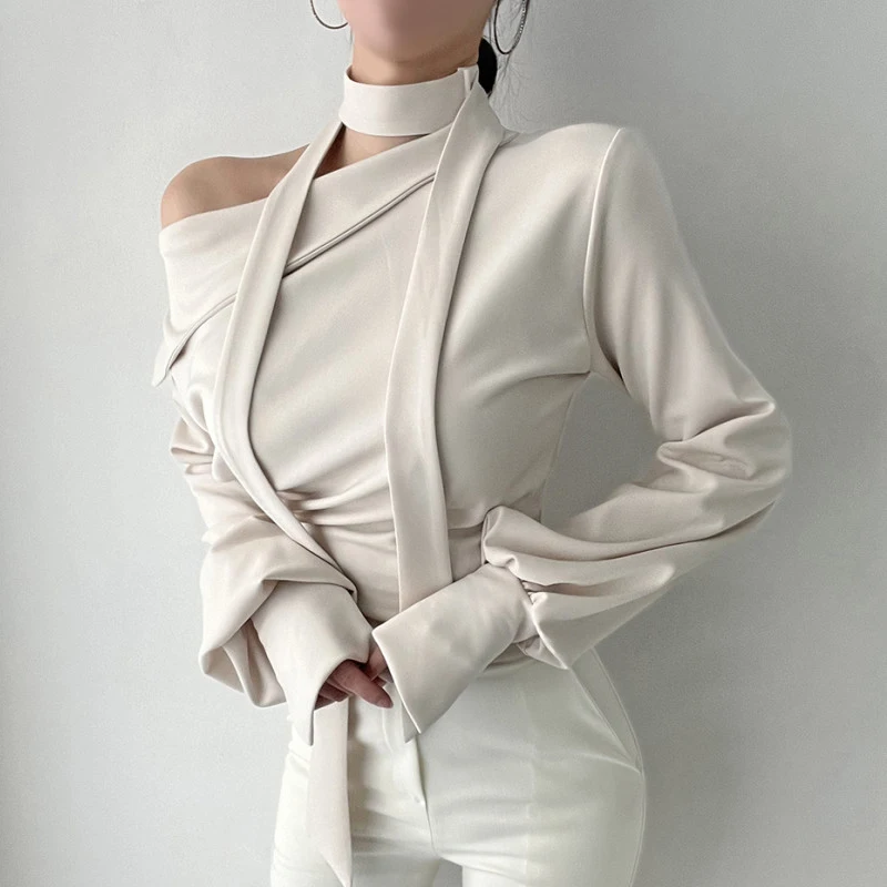 Neploe Korean Elegant Temperament Satin Shirt Femme 2024 Early Autumn Simple Solid Color Long Sleeve Hanging Neck Slim Blouses