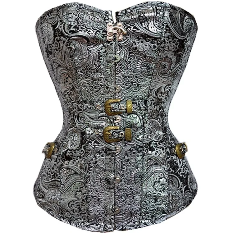 Gothic Corset Top Steampunk Sliver Corsets Printed Steel Boned Buckle Belted Bustier Corset Body Shapewear