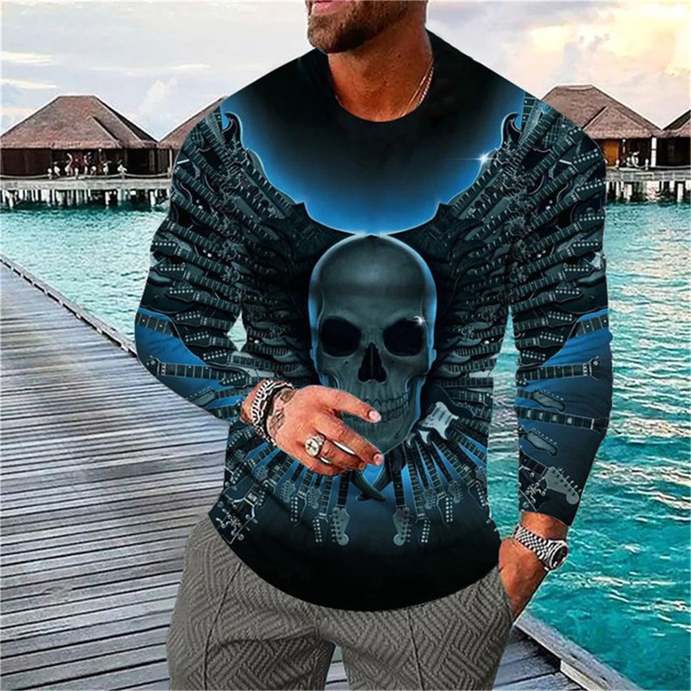 New 3D Printed T Shirt Men's Summer Vintage Skull Print Tops Devil Long Sleeve Fashion O Neck Street Men's Oversized T Shirts