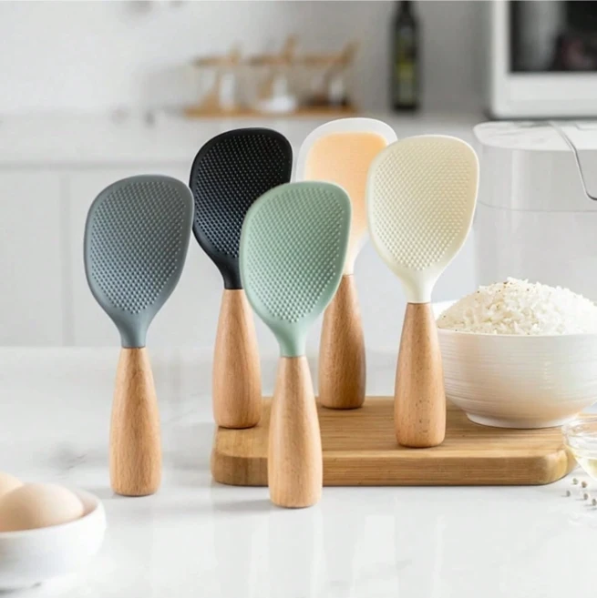Rice paddle spoon non-stick vertical rice spoon, kitchen tool wooden handle upright service spoon spatula, kitchen cooking