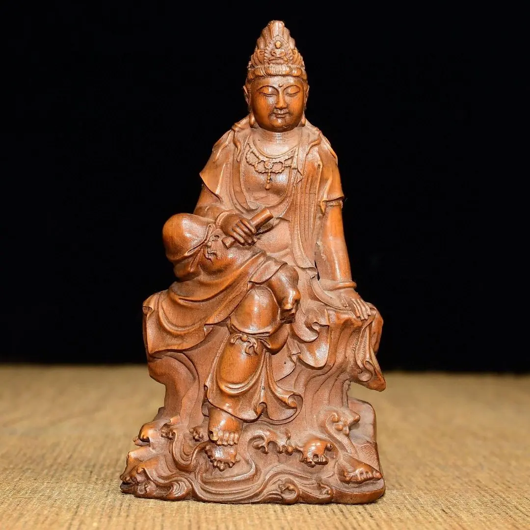 Hand Carved Wood Relaxed Guanyin Buddha Statue Figurine Desktop Ornaments Home Decoration Crafts Tea Pet Decor