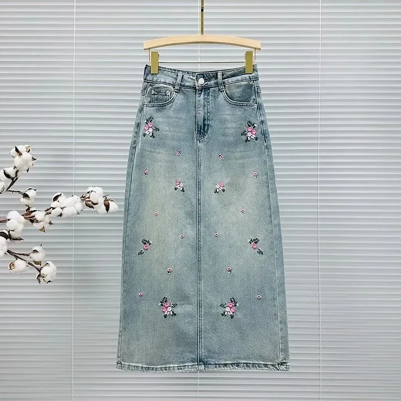 NMZM2024 Spring/Summer Mid length High Waist Women's Denim Half Skirt Korean Edition Embroidered Women's Denim Skirt