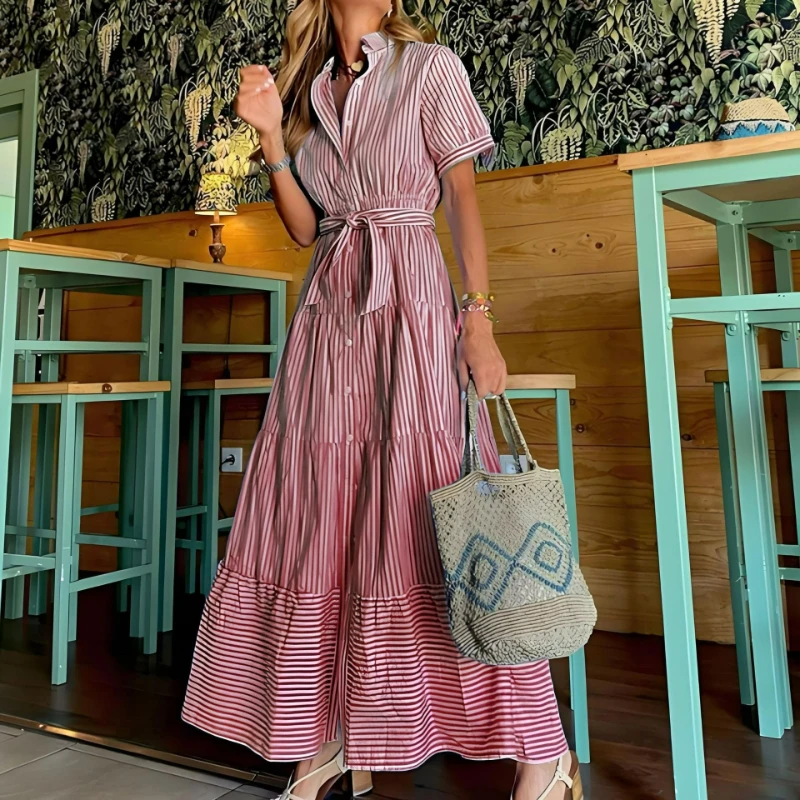 2026 Sommer Neue Mode Französisch Stil Blau Weiß Gestreiften Kurzarm Hemd Kleid Urlaub Stil Lose Krawatte Große Rock kleider