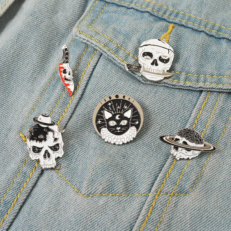 Adventure Cats Pines Lapel Badges Punk Gothic Jewelry Gift for Friends Skeleton Dagger Enamel  Brooch Custom Universe Planet