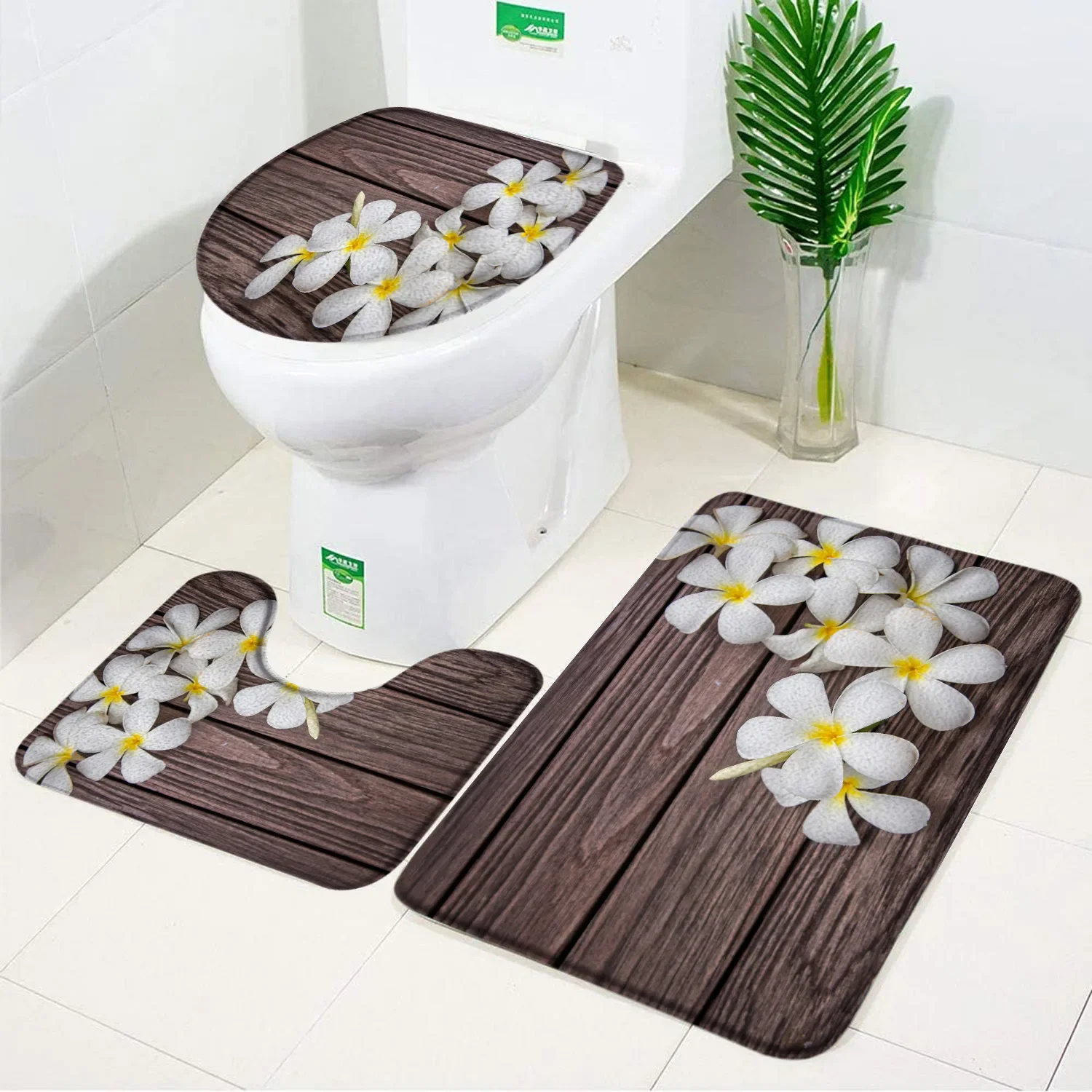 3-delige set paarse bloem op oude houten plank badmat bloemen landelijk retro decor flanel antislip badkamertapijt tapijt toilethoes