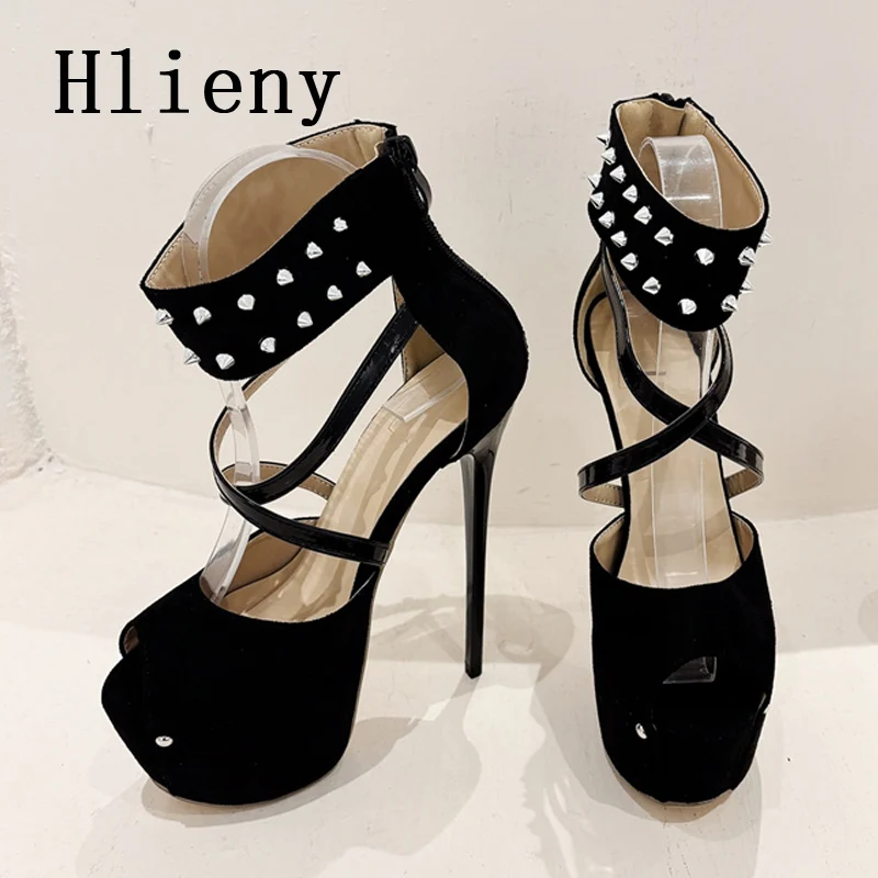 Hlieny Fashion Design Rivet Peep Toe Platform Women Sandals Zip Thin High Heels Party Nightclub Prom Stripper Female Shoes Black