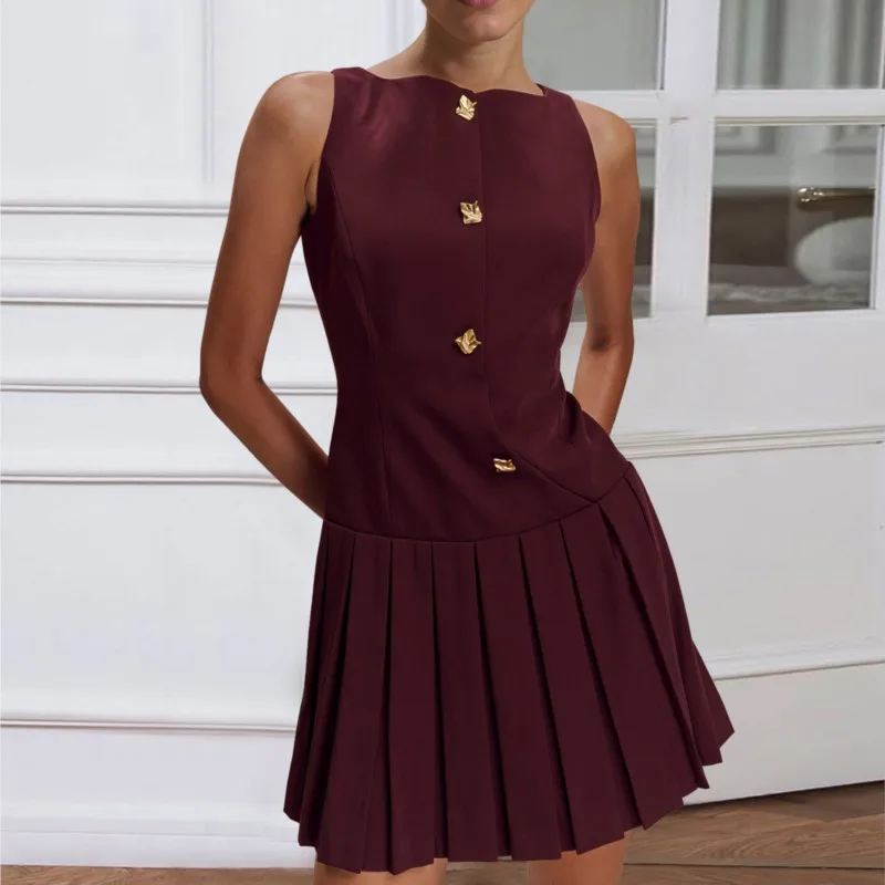 

Elegant Evening Party Mini Dress 2026 Women's Button Sleeveless Solid Slim Fit Pleated Skirt Female Office Lady Club Vestidos