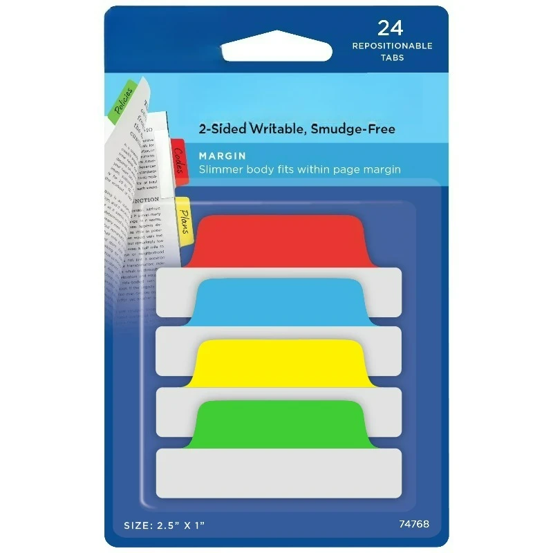

Tabs, 2.5" x 1", 24 Repositionable Tabs, 2-Side Writable, Assorted Colors (74768)
