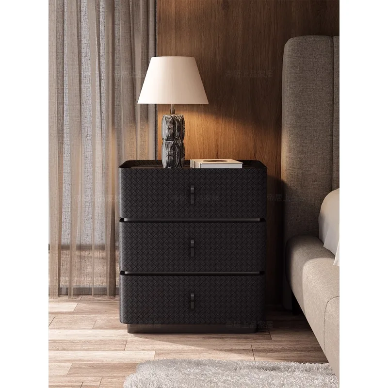 wood Bedside table with Drawer Italian light luxury bedside cupboard nightstand  for bedroom PU Leather Household furniture