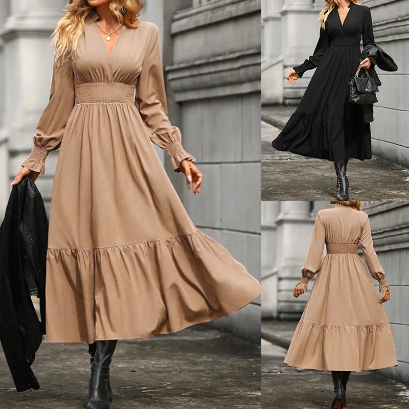 

Spring Autumn Fashion Solid Color Lantern Sleeve V-Neck Maxi Dress Elegant Wide Hemline Long Gown for Women