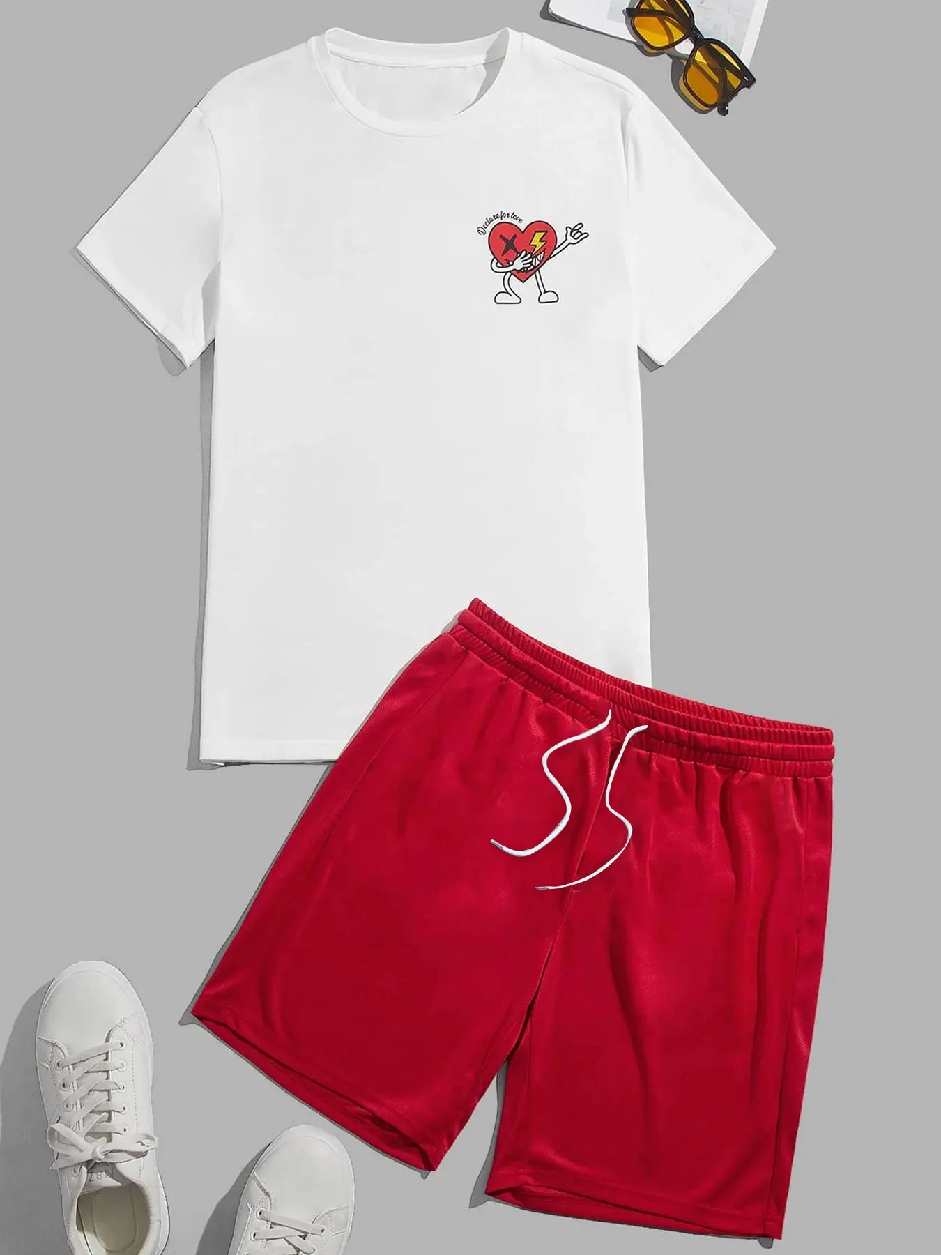 

Men's Casual Suit Summer Sport Quick Dry Skin Friendly Loose Minimalist Heart Print Short Sleeve Five Points Pocket Short Pants