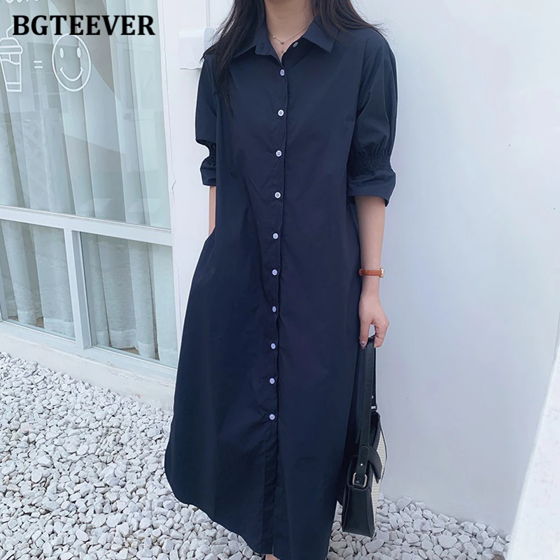 BGTEEVER Casual Lapel Single-breasted Women Shirt Dress Half Sleeve Loose Straight Female Long Dress vestidos