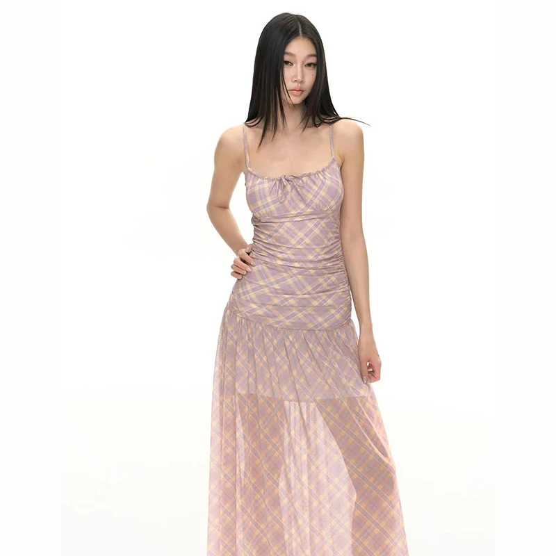 레트로 체크 무늬 캐미솔 미디 드레스 여성 여름 섹시 스파게티 스트랩 백리스 드레스 프랑스 우아한 슬림 파티 나이트 베스티도스 무헤르