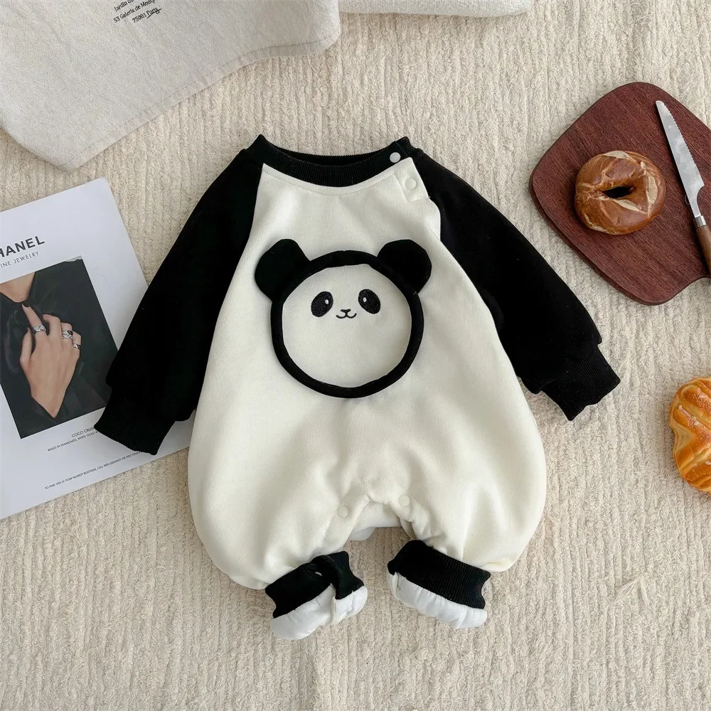 2024 Winter New in Infant Baby Boys Thicken Warm Clothing , Toddler Kids Cartoon Bear Panda Jumpsuits Patchwork Romper 3M-3Y