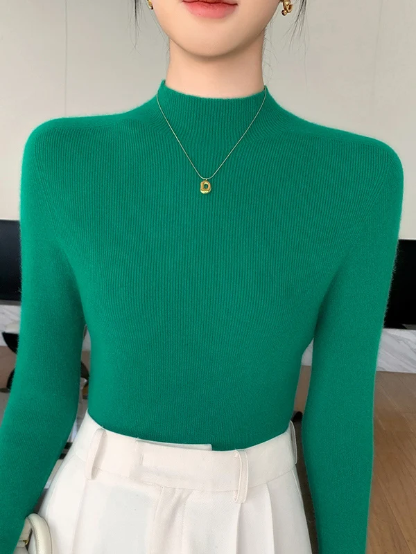 Women's Mid-Neck Knitted Base Shirt Slim Fit Inner Wear Soft Seamless Long Sleeve Thermal Top Half High Collar Commute Style