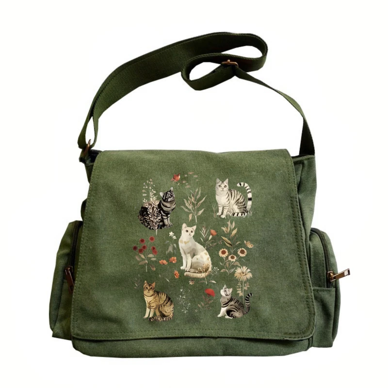 Casual Womens Shoulder Bag Canvas Quirky Cat Print Large Capacity Messenger Bag Travel Crossbody Bag