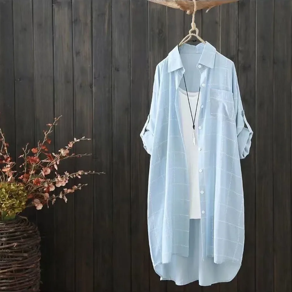 Kemeja Wanita Tipis Bernapas Cardigan Prancis Chic Panjang Sedang Musim Semi 2024 Motif Kotak-kotak Longgar Gaya Korea Ropa Mujer