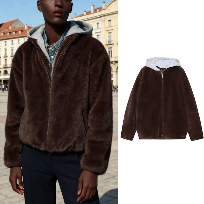 Tidalyf 2026 Winter New Women's Fur Jackets Fashion Hooded Elegant Women's Warm Street Coats Chic Youth Travel Jackets Blouse