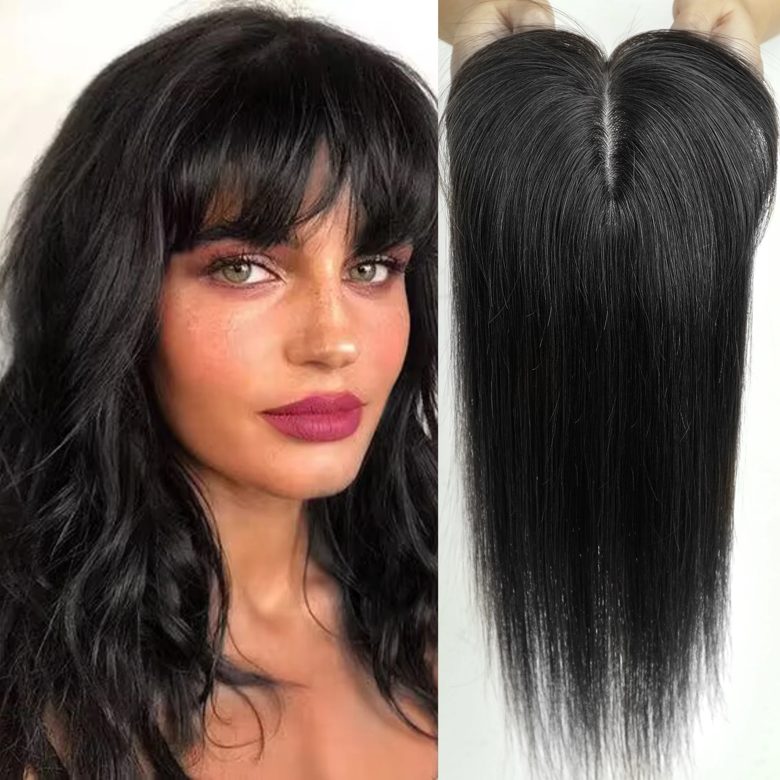 Auburn 14 Inch Silk Base Human Hair Topper 100% Remy Human Hair Topper Clip in Hairpiece for Women Thin Skin Top Hair Extensions image 3