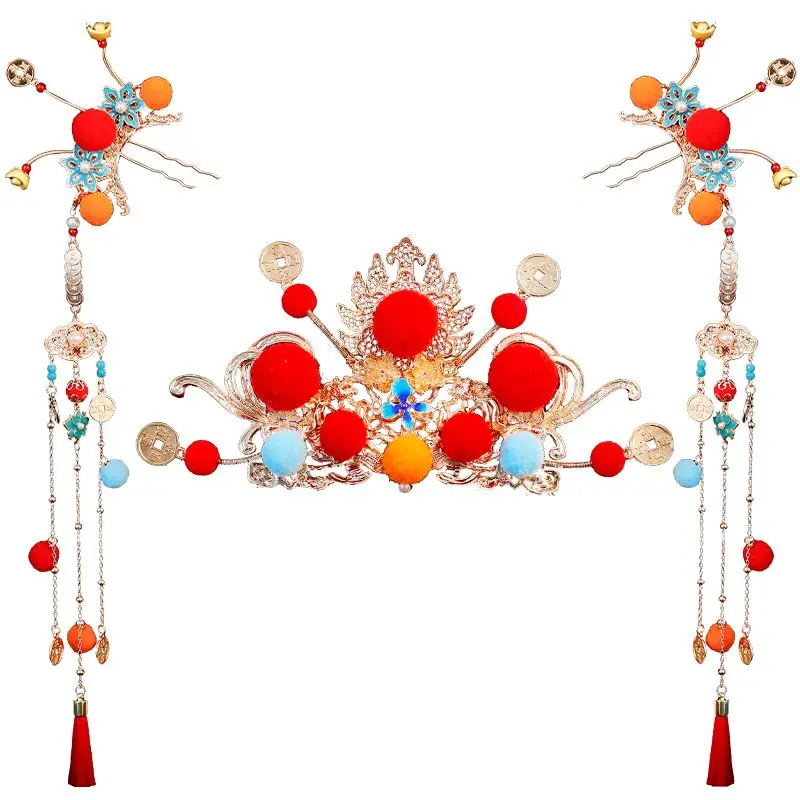 Ancient Style Blue Enamel Hair Crown with Red Tassel Pompom Hanfu Hair Accessory for Women Traditional Festival Celebration Gift