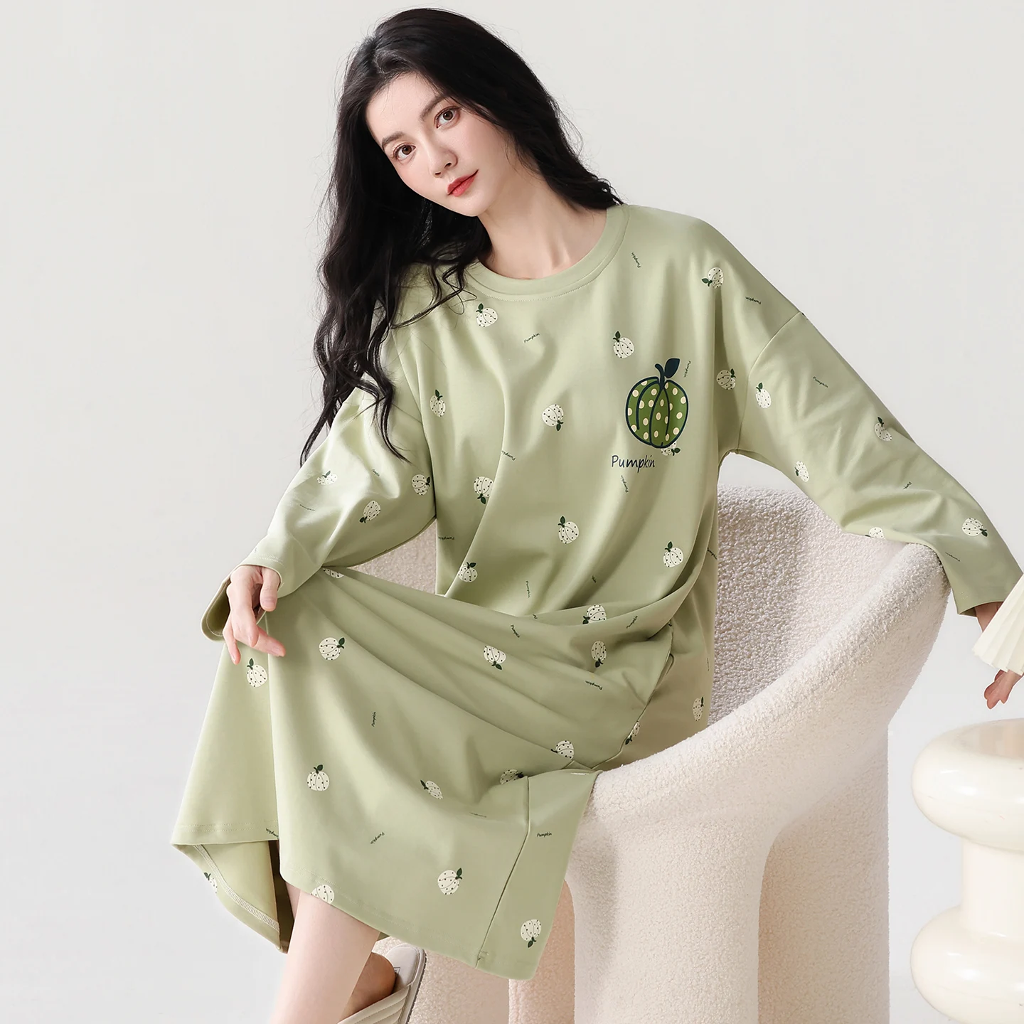 Autumn O-Neck Long Nightdress Long-sleeve Nightgown Full Cotton Casual Tracksuit Pijamas Mujer Big Yards Print Skirt Sleepwear