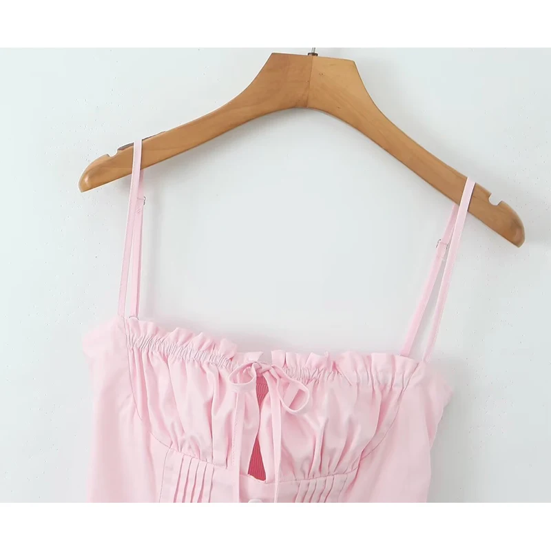 YENKYE Women Low Waist Fit And Flare Sling Mini Dresses Wood Ears Summer Sexy Dress Pink Black Holiday Party Robe Cotton