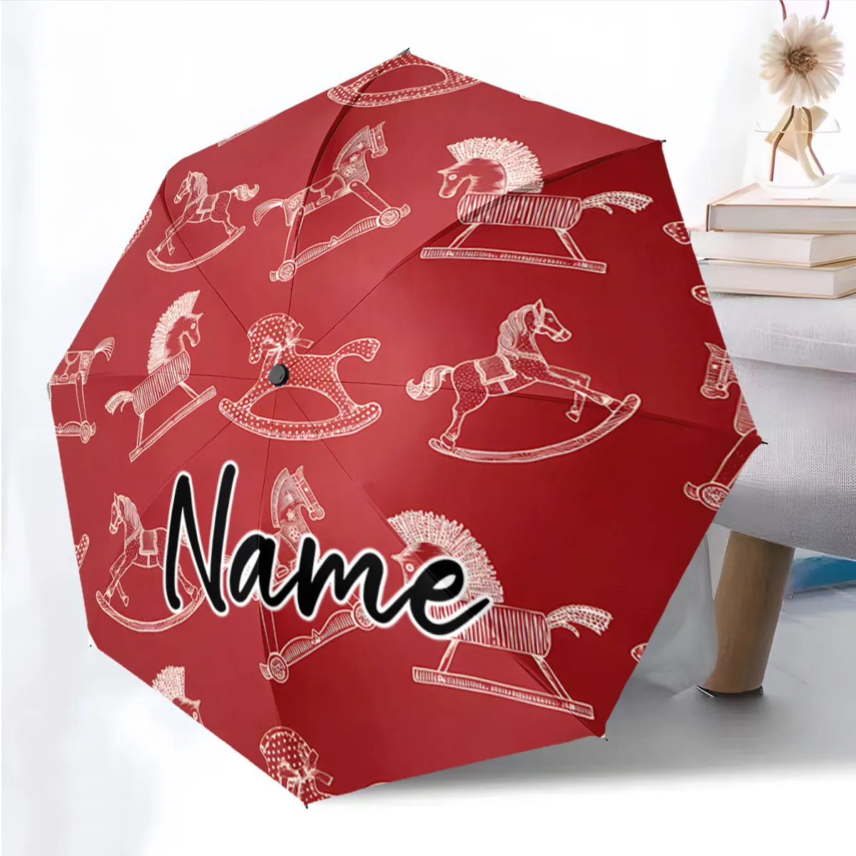 Custom Name Red Umbrella with Rocking Horse Pattern Design Print 8 Iron Ribs Folding Umbrella Auto-Open Fashion Sunshade