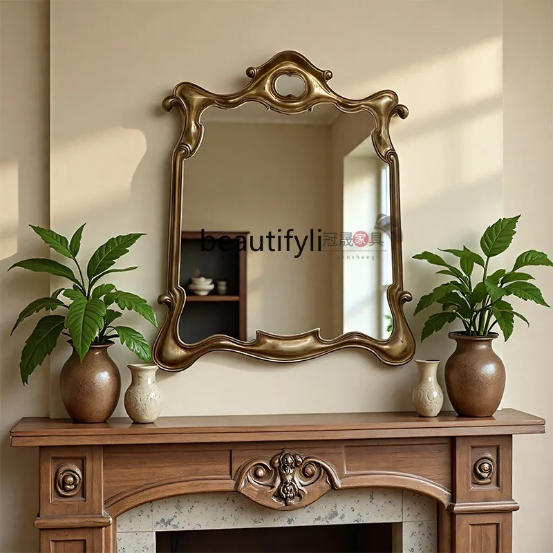 

European retro makeup mirror wall hanging, special-shaped vanity mirror French carved porch fireplace decorative mirror
