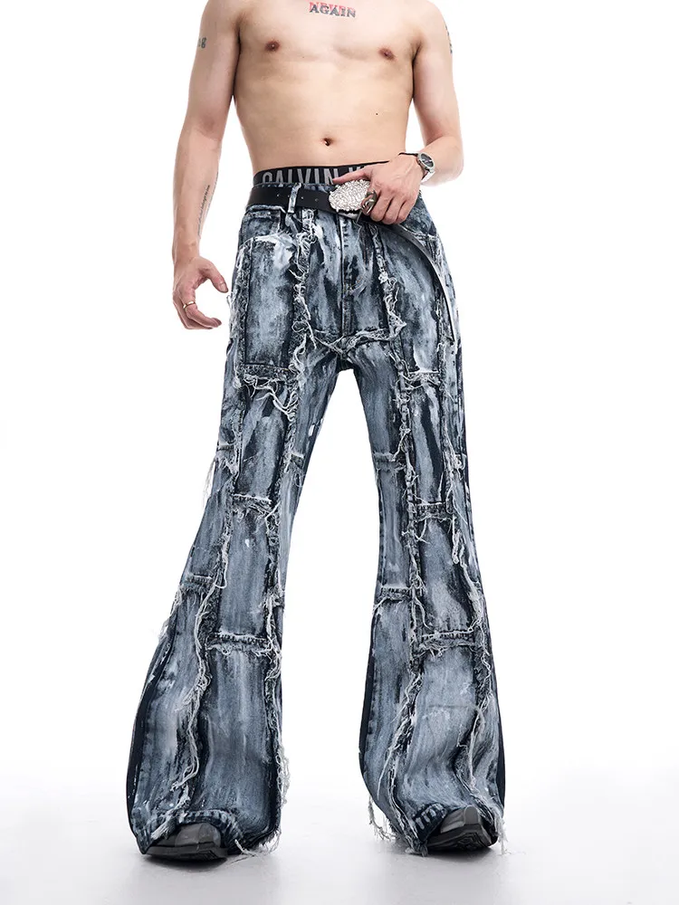 

Start Exceed End Men's Distressed Frayed Hem Flared Jeans mid High Waist Youthful Style Wear Resistant Dark Style Autumn Jeans