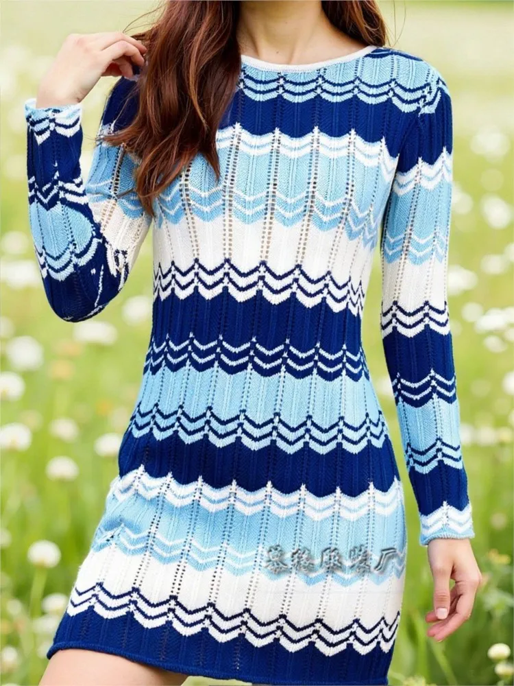 

Casual Knitted Dress Vestidos Dresses 2025 Woman Contrast Striped Simple Style Slim Long Sleeves All-match Commuting Temperament