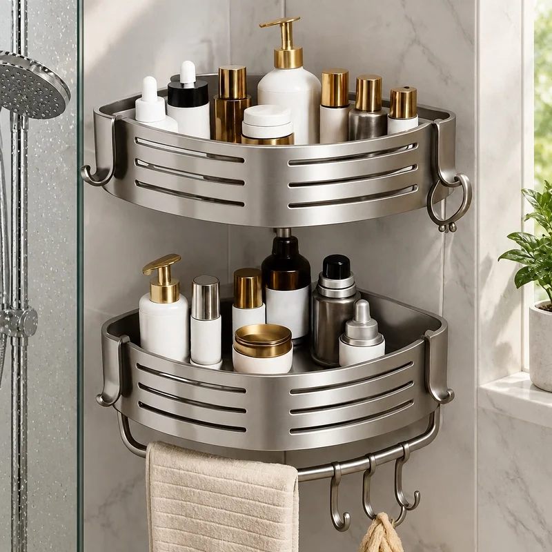 Drill-Free Aluminum Shower Corner Organizer with Towel Bar and Plastic Hooks, 1-3 Sets for Bathroom Storage