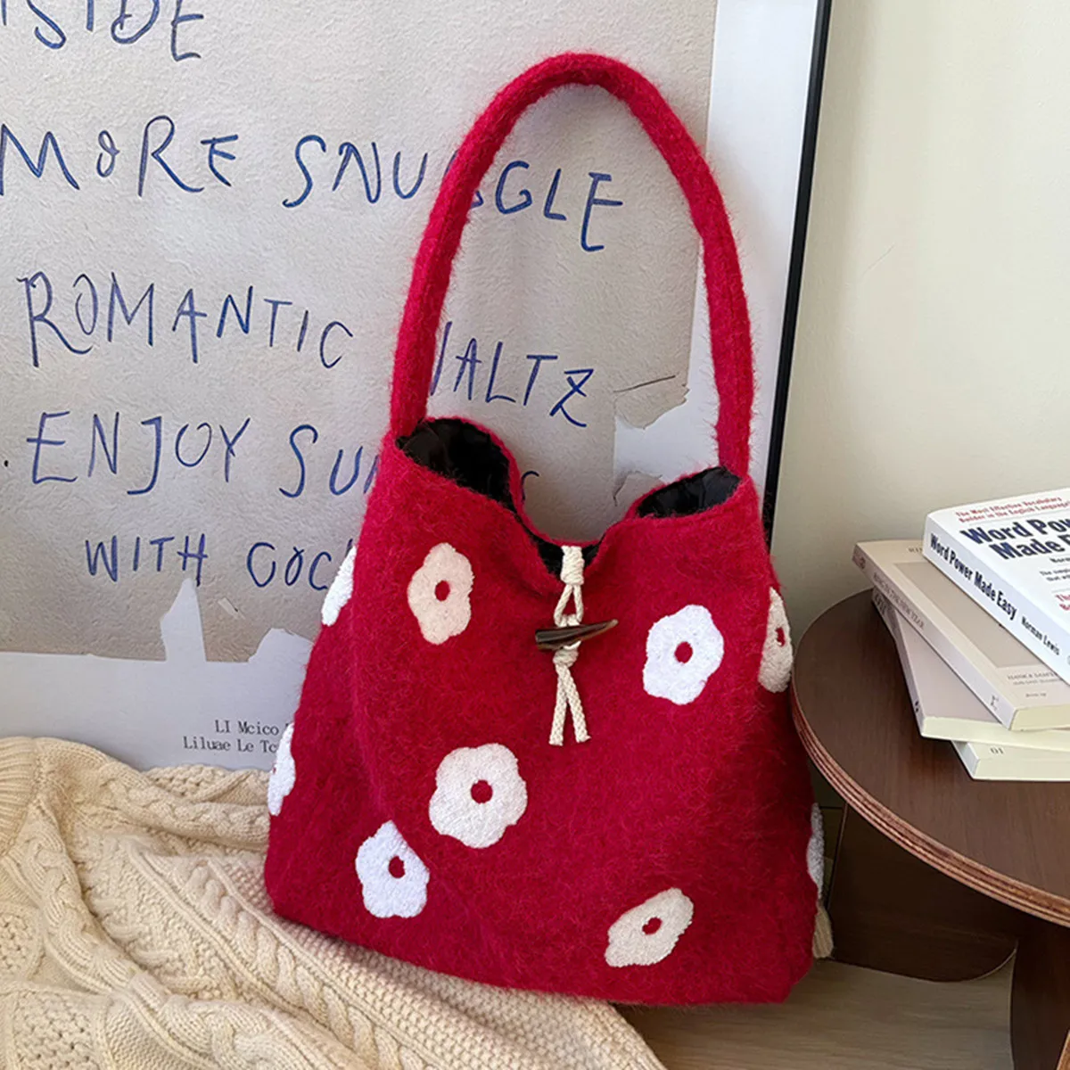 

Korean Style Plush Floral Embroidered Bucket Bag for Women Autumn Winter New Commuter Tote Bag Aesthetic Simple Wool Tote Bag