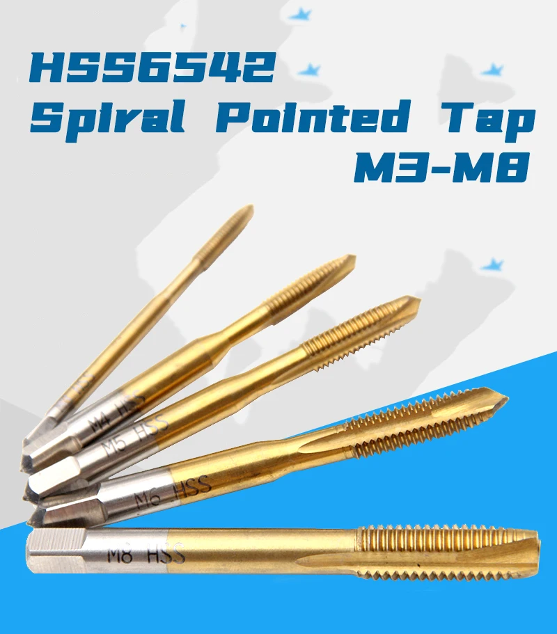 

HSS Steel Screw Tap Titanium Coated Spiral Pointed Tap M3-M8 Machine Plug Tap HSS6542 Threading Tool Tap Drill Bit