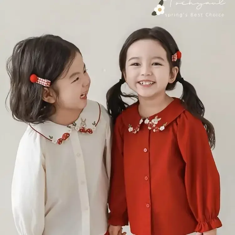 Girls Three-dimensional Embroidered Lapel Shirt 2024 Autumn Fungus Flower Blooming Pleated Cuffs Casual Doll Collar Top