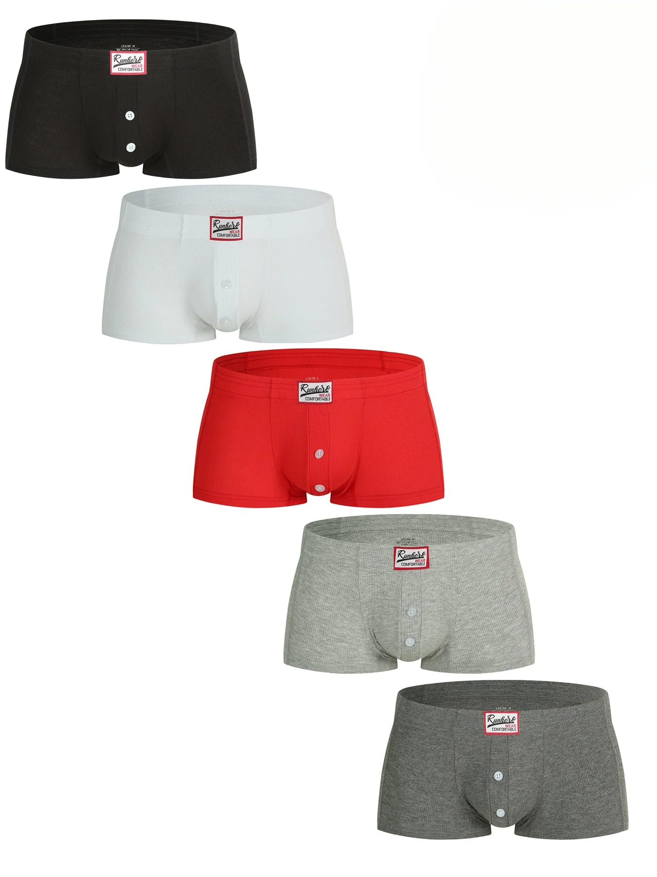 2Pcs Random Color Men Ribbed Boxer Briefs, Front Button Label Waist Soft Stretch Breathable Daily Underwear