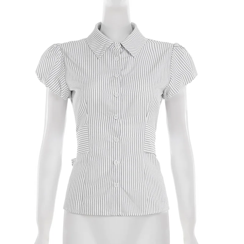 Summer Stripe ButtonUp Shirt Slimming Waist Design Belted FlipCollar Short Sleeve European And American Crossbody Chic Girl's Sh